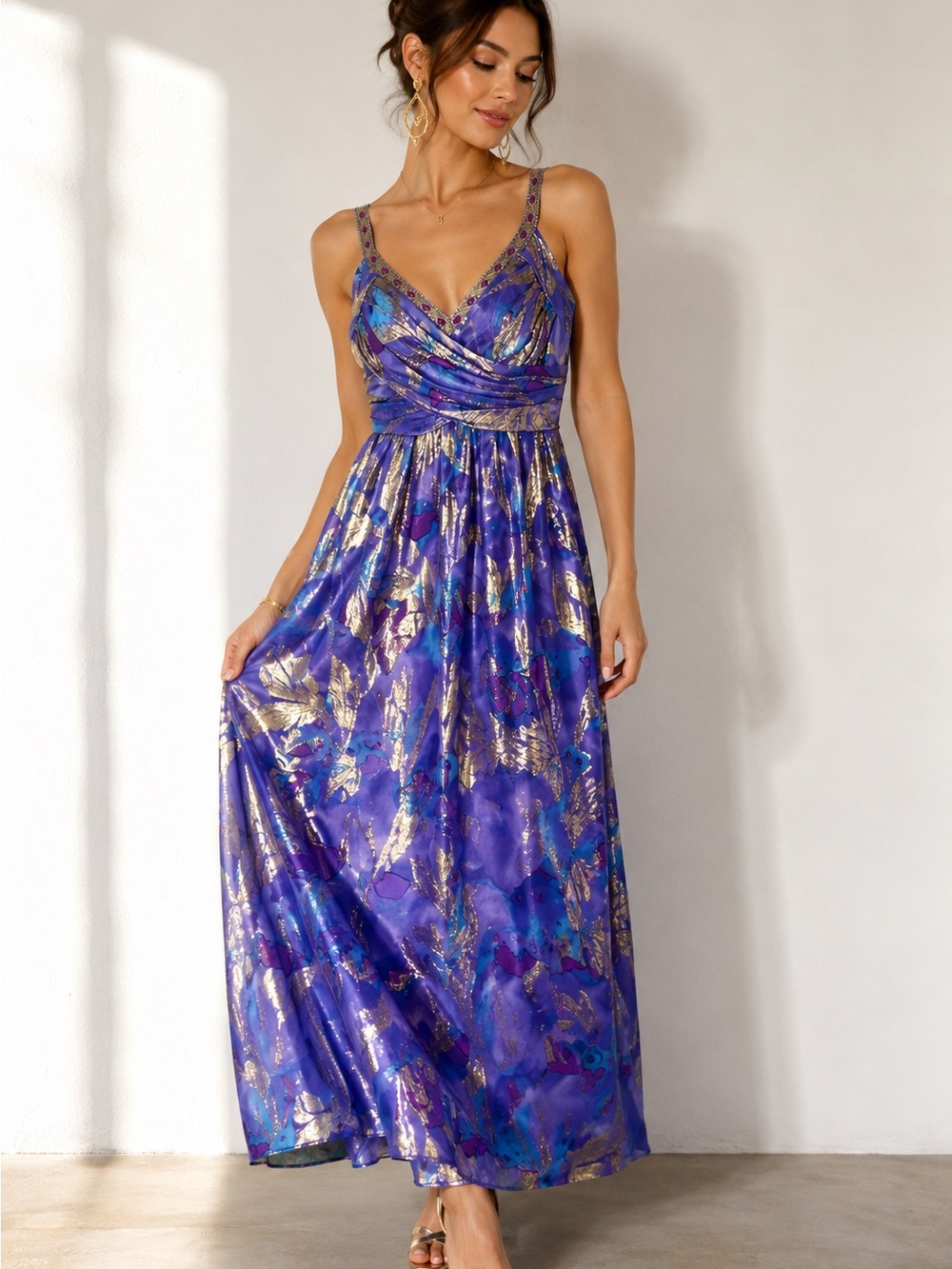 Nicole Miller Metallic Silk Chiffon Maxi Dress Purple Gold Gala Formal 0